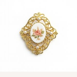 Vintage Floral Porcelain Brooch Gold Filigree Pearl Accents Romantic Cottagecore